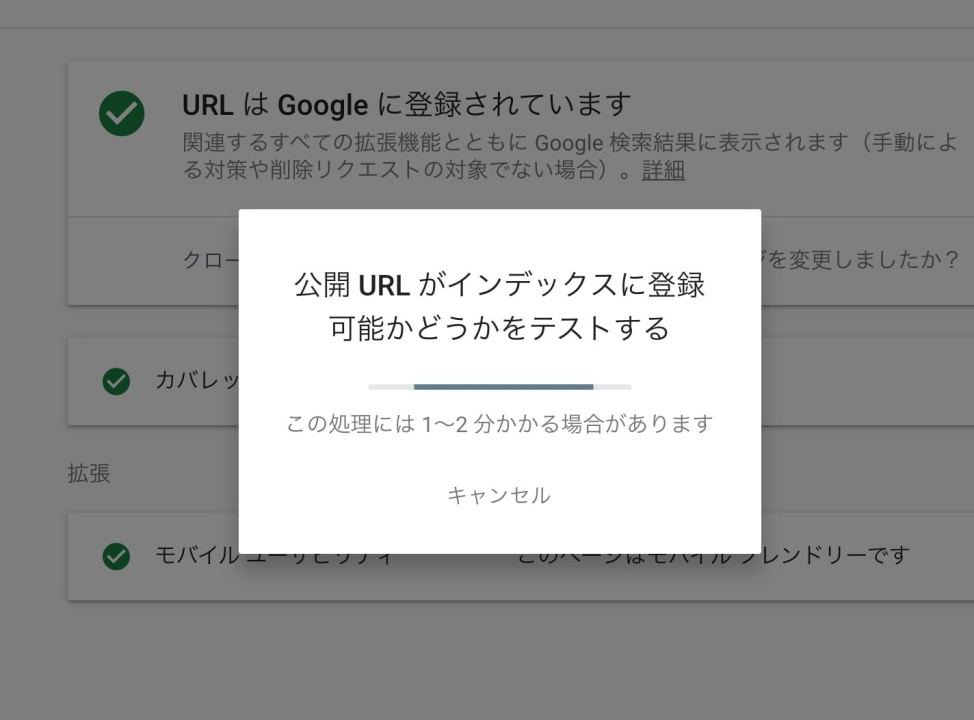 Googleサーチコンソール：URL検査インデックス登録テスト中のイメージ