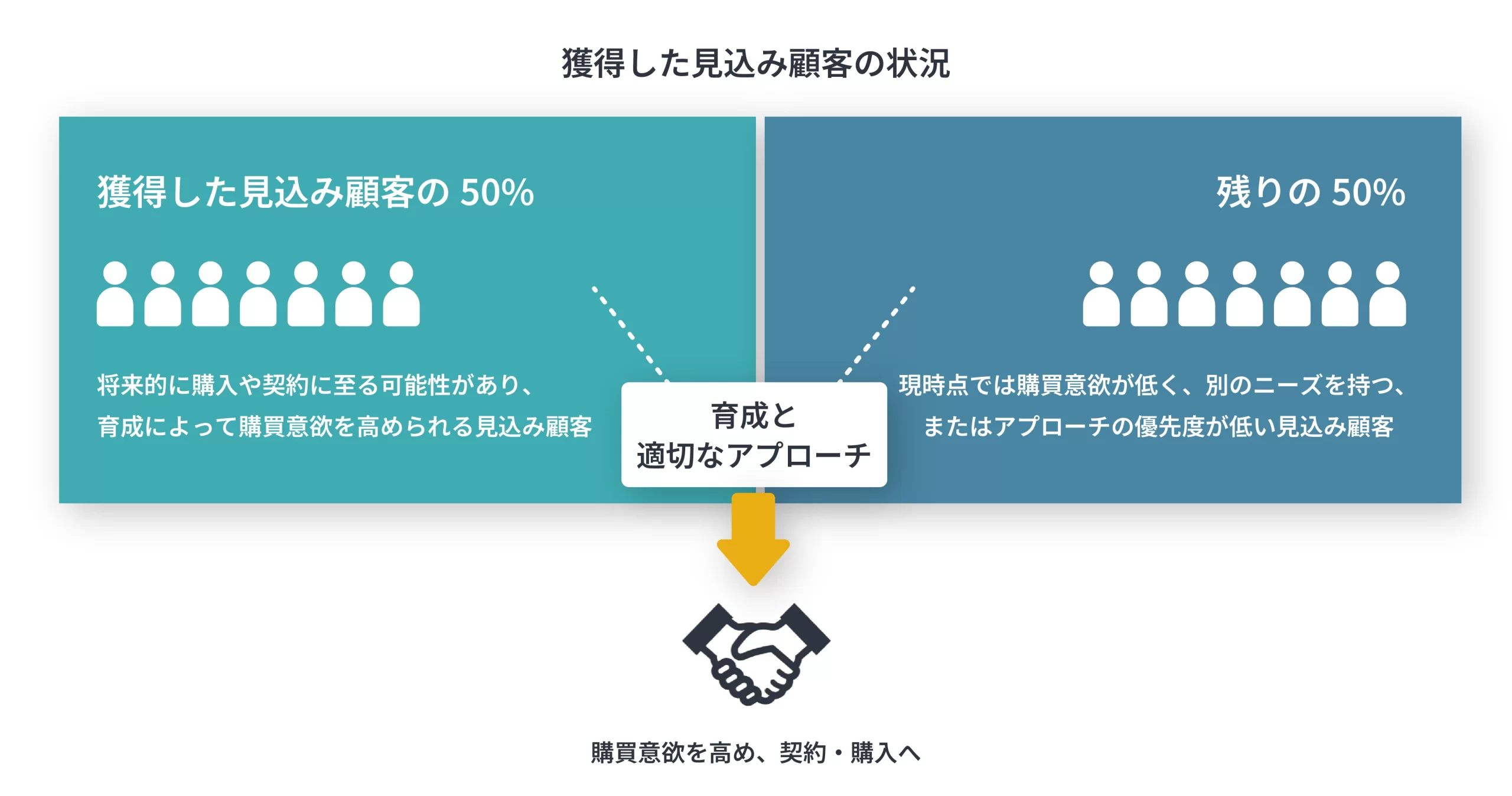 獲得した見込み顧客のうち50％は将来的に購入する可能性があるが、残りの50％は十分な購入意欲がないことが調査により明らかになっている。