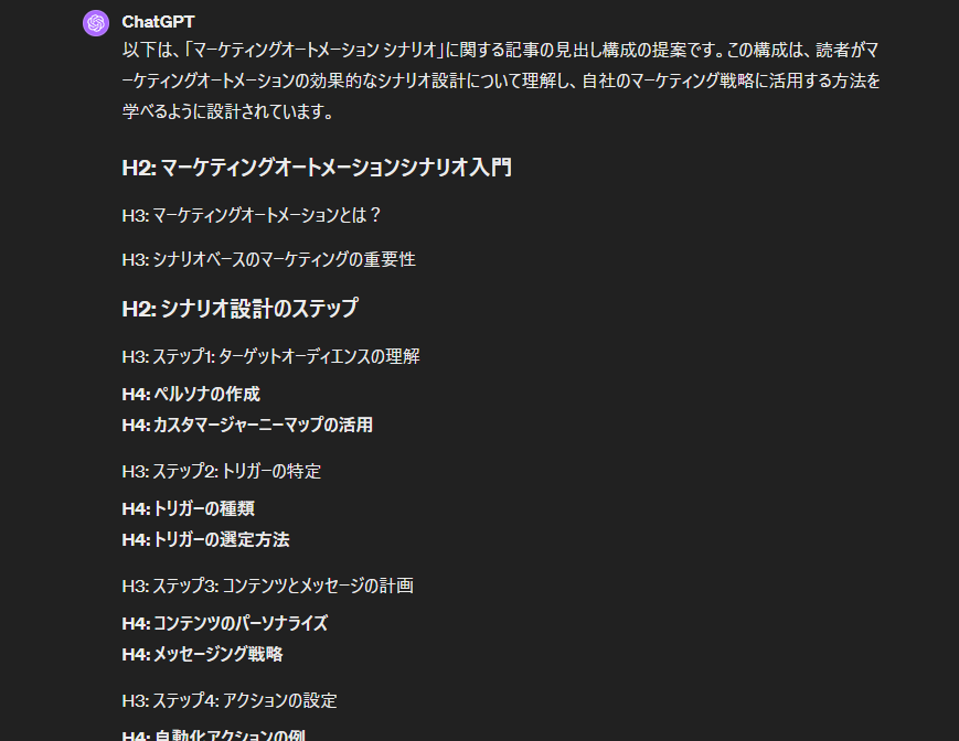 ChatGPTによる構成案（見出し）の作成のアウトプット例