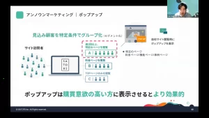 SATORI紹介セミナーの1シーン。アンノウンマーケティングについて、ポップアップを例に概念と価値を説明しています。
