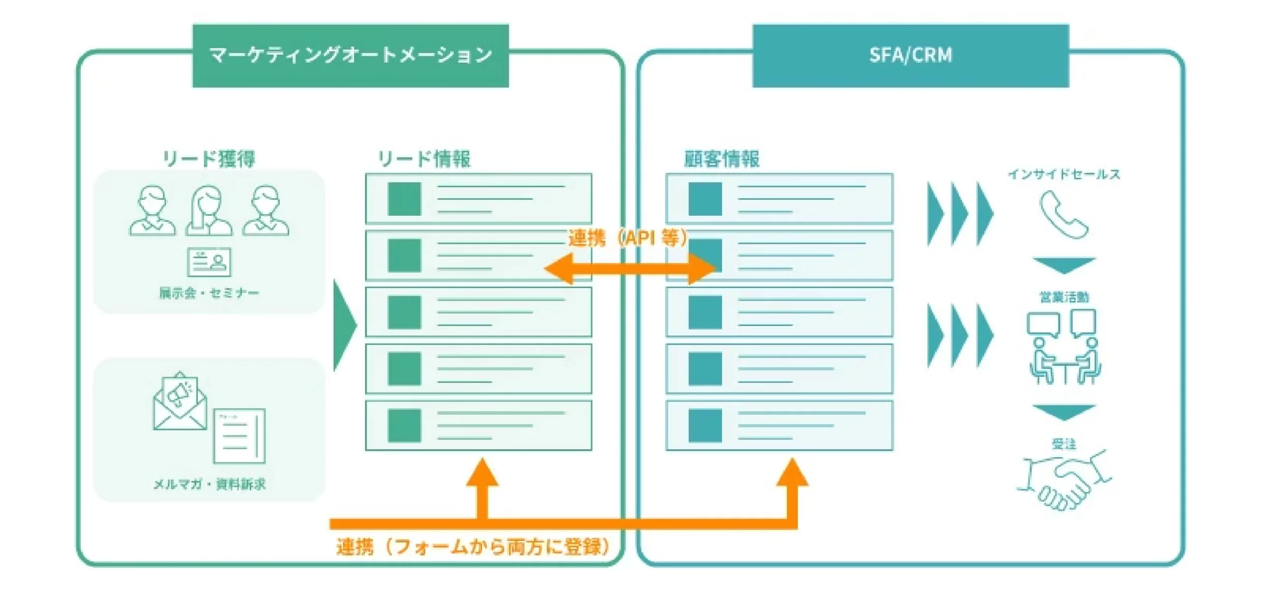 マーケティングオートメーション(MA)とSFACRMの連携イメージ図。リード獲得から情報蓄積、API連携、営業活動による受注までの流れと、フォームから両システムへ同時にデータ登録される仕組みを説明しています。