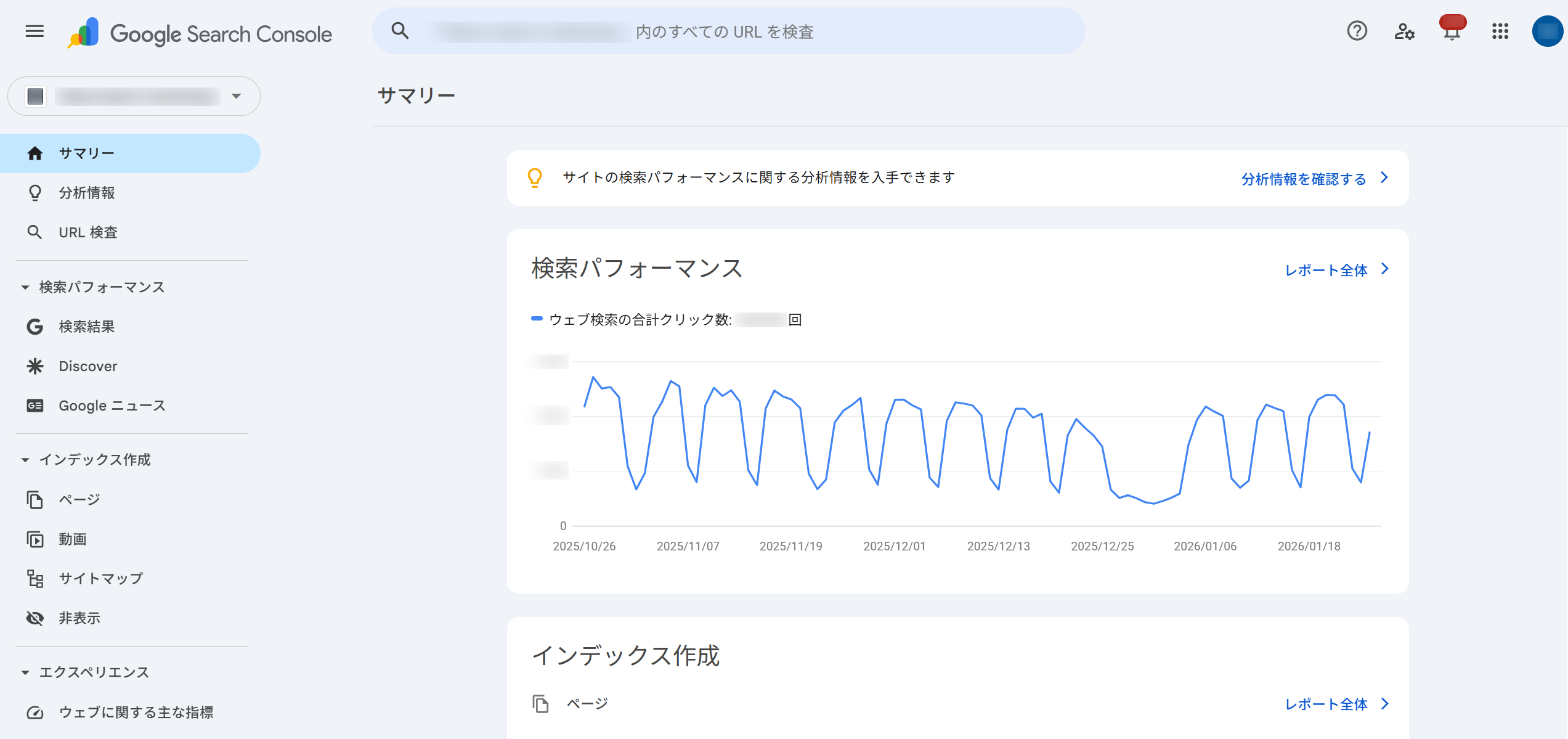 Google Search Console のサマリー画面のキャプチャ画像。