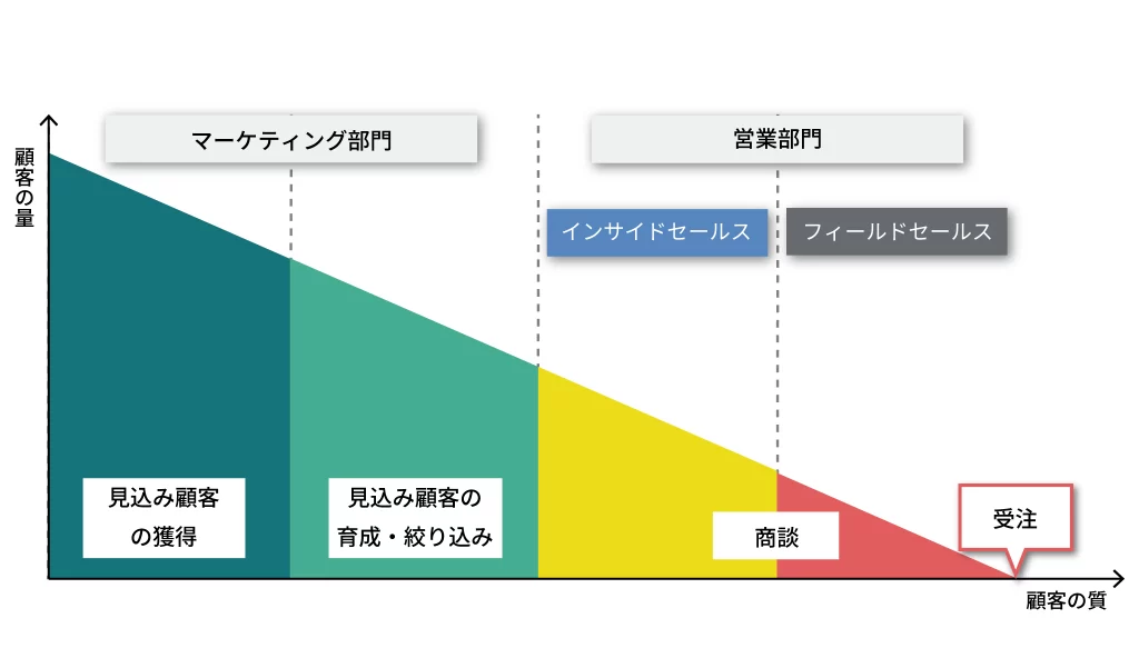 マーケティングと営業(インサイドセールス・フィールドセールス)の役割分担と受注までの顧客の質と量を表した図